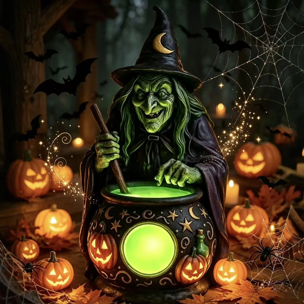 Witch Figurine Glowing Cauldron Weatherproof Polyresin