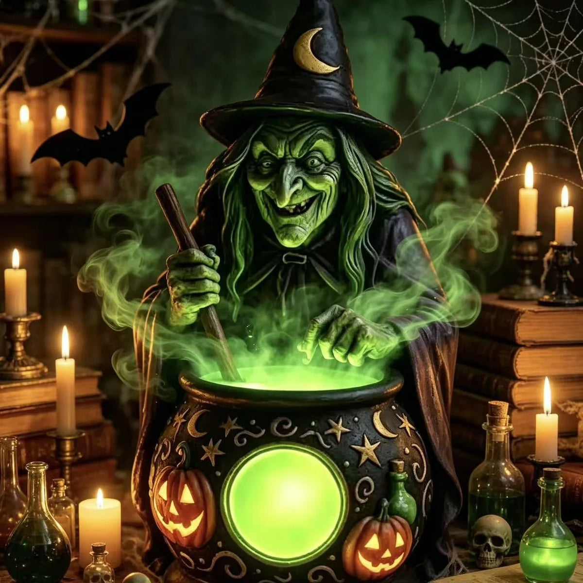 Witch Figurine Glowing Cauldron Weatherproof Polyresin