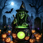 Witch Figurine Glowing Cauldron Weatherproof Polyresin