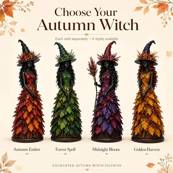 Witch Figurine Polyresin Autumn Leaf Dress Halloween Decor