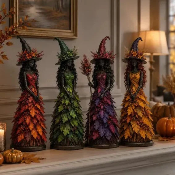 Witch Figurine Polyresin Autumn Leaf Dress Halloween Decor
