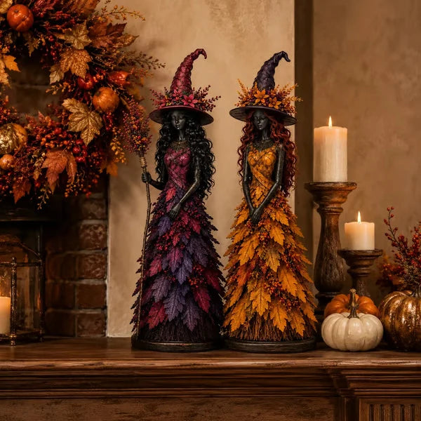 Witch Figurine Polyresin Autumn Leaf Dress Halloween Decor