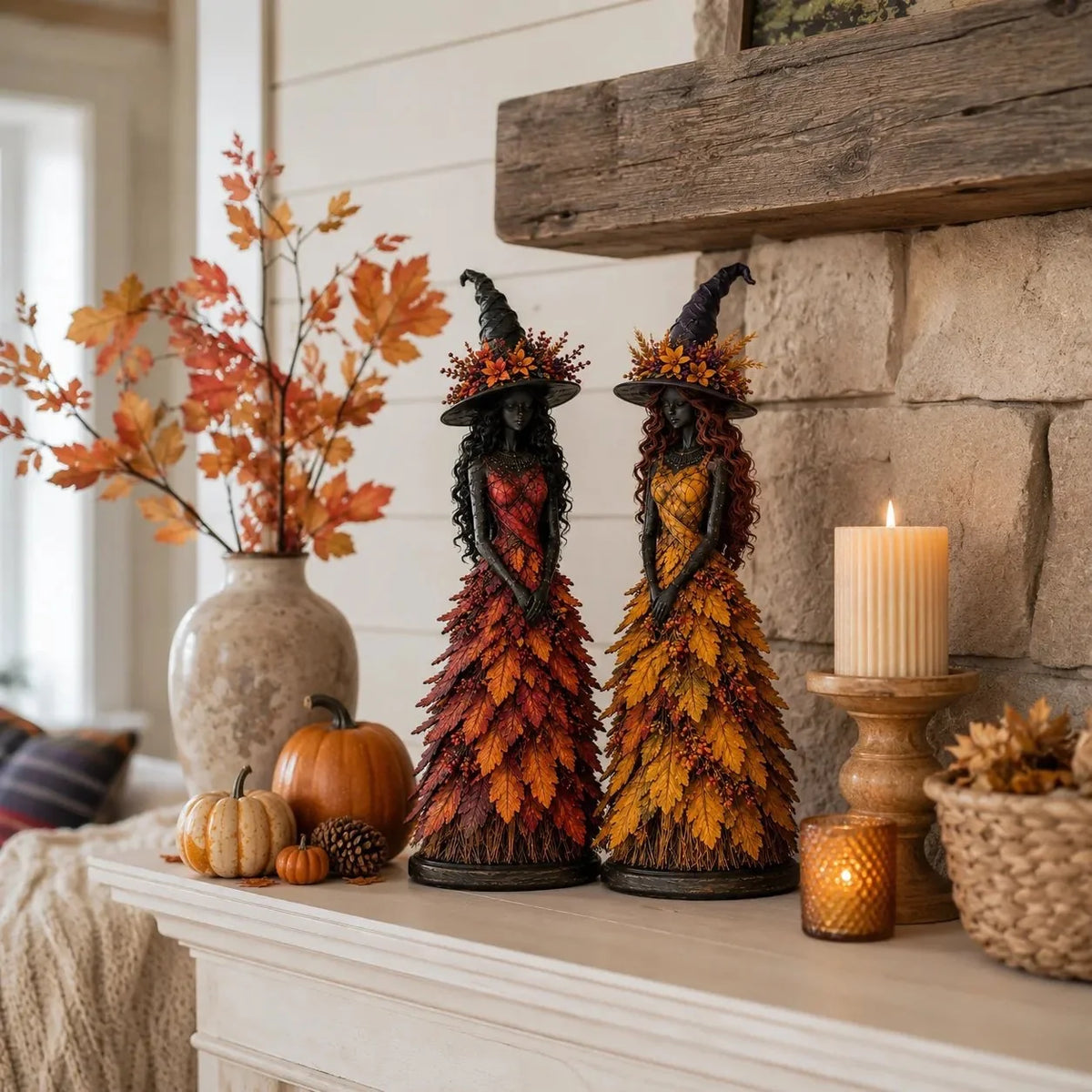 Witch Figurine Polyresin Autumn Leaf Dress Halloween Decor
