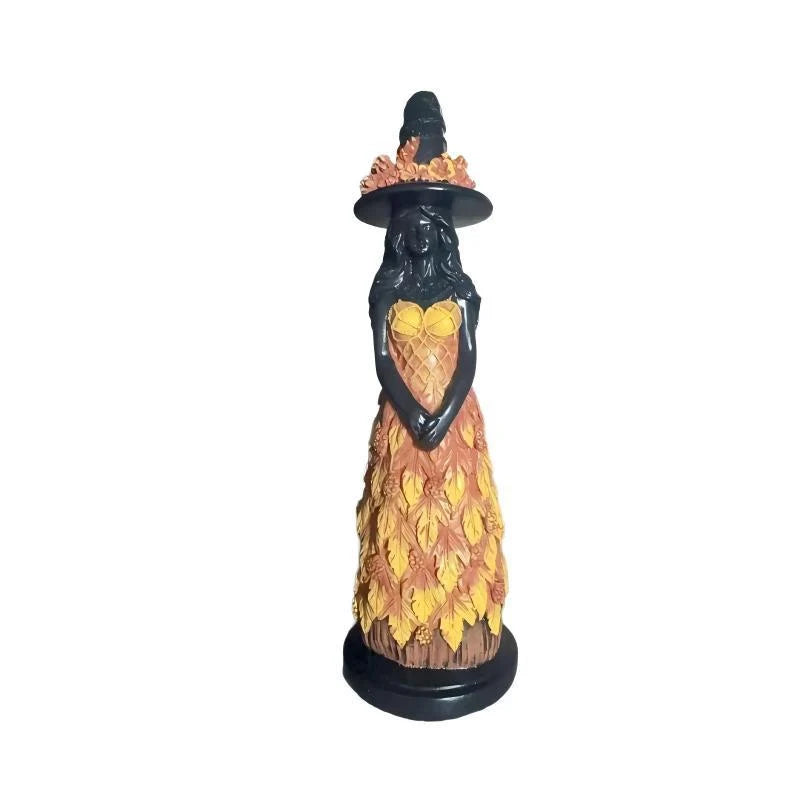 Witch Figurine Polyresin Autumn Leaf Dress Halloween Decor