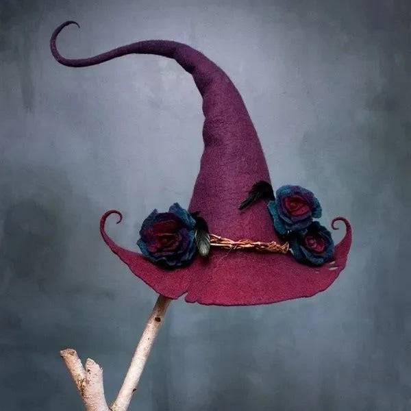 Witch Hat Handmade Wool Felt Adjustable Fit Chiffon Trim
