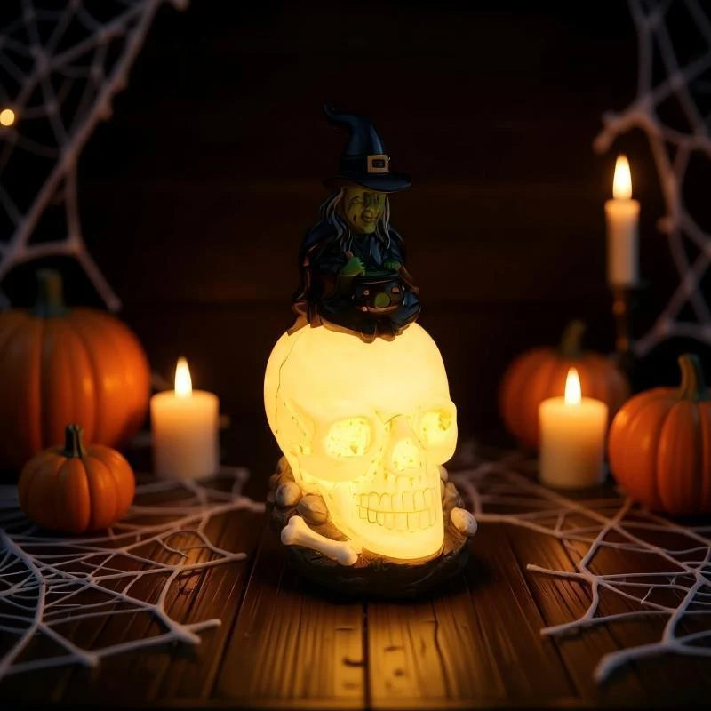 Witch Head Statue Sitting on Skull Compact Durable