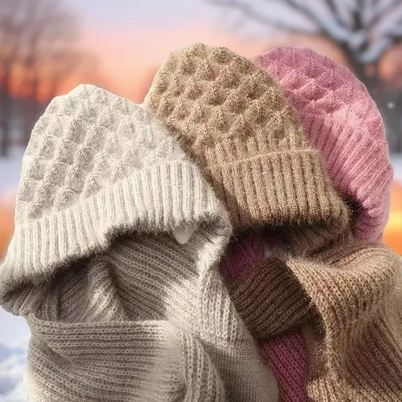 Women's Beanie With Integrated Scarf Knitted Acrylic Fleece-Lined