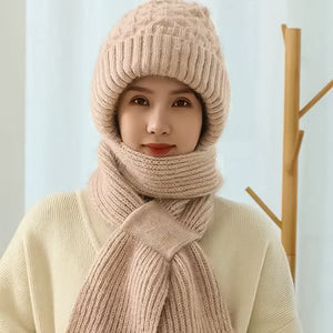 Women's Beanie With Integrated Scarf Knitted Acrylic Fleece-Lined