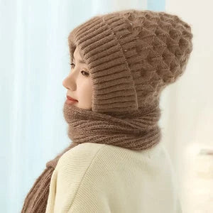 Women's Beanie With Integrated Scarf Knitted Acrylic Fleece-Lined