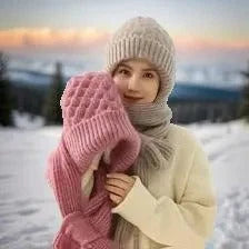 Women's Beanie With Integrated Scarf Knitted Acrylic Fleece-Lined