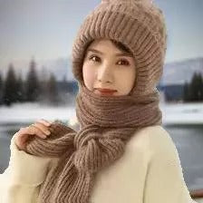 Women's Beanie With Integrated Scarf Knitted Acrylic Fleece-Lined