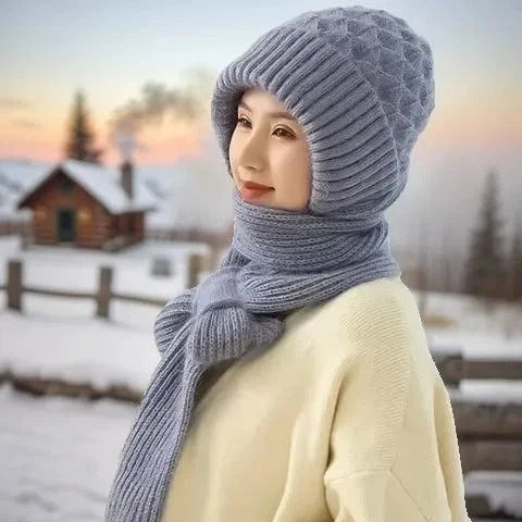Women's Beanie With Integrated Scarf Knitted Acrylic Fleece-Lined