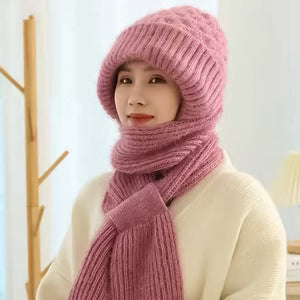Women's Beanie With Integrated Scarf Knitted Acrylic Fleece-Lined