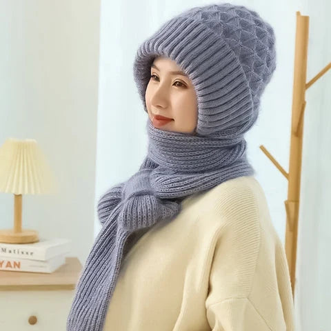 Women's Beanie With Integrated Scarf Knitted Acrylic Fleece-Lined