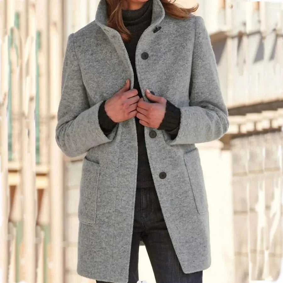 Women's Coat Wool Blend Button Front & Stand-Up Collar