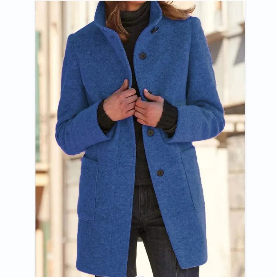 Women's Coat Wool Blend Button Front & Stand-Up Collar