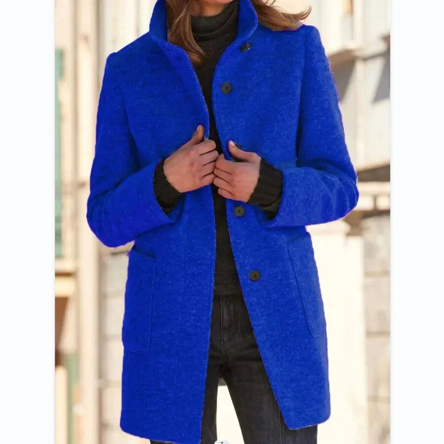 Women's Coat Wool Blend Button Front & Stand-Up Collar