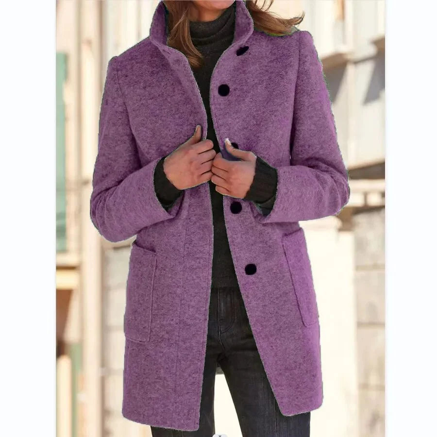 Women's Coat Wool Blend Button Front & Stand-Up Collar