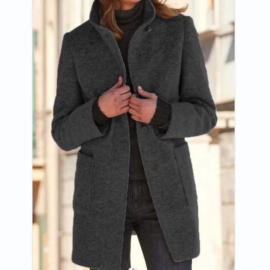 Women's Coat Wool Blend Button Front & Stand-Up Collar
