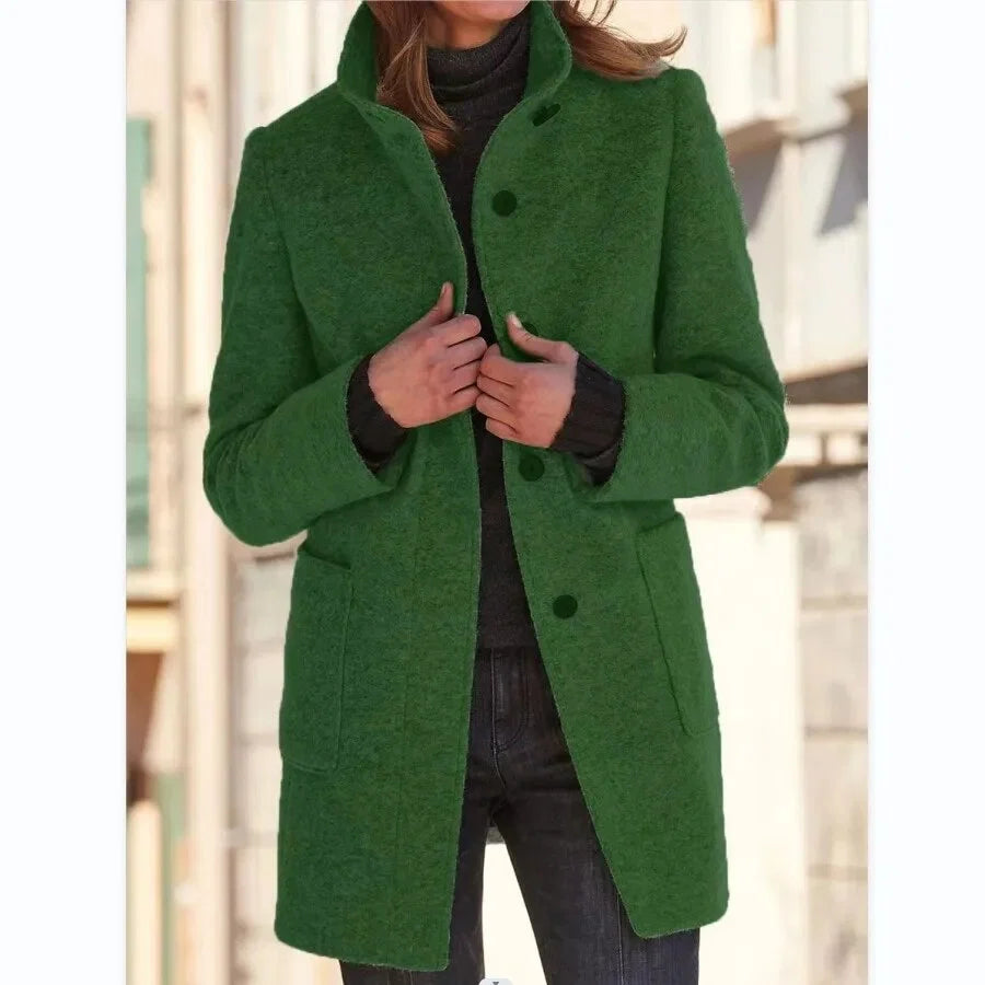 Women's Coat Wool Blend Button Front & Stand-Up Collar