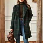 Women's Long Coat Plaid Lapel Collar & Button Front