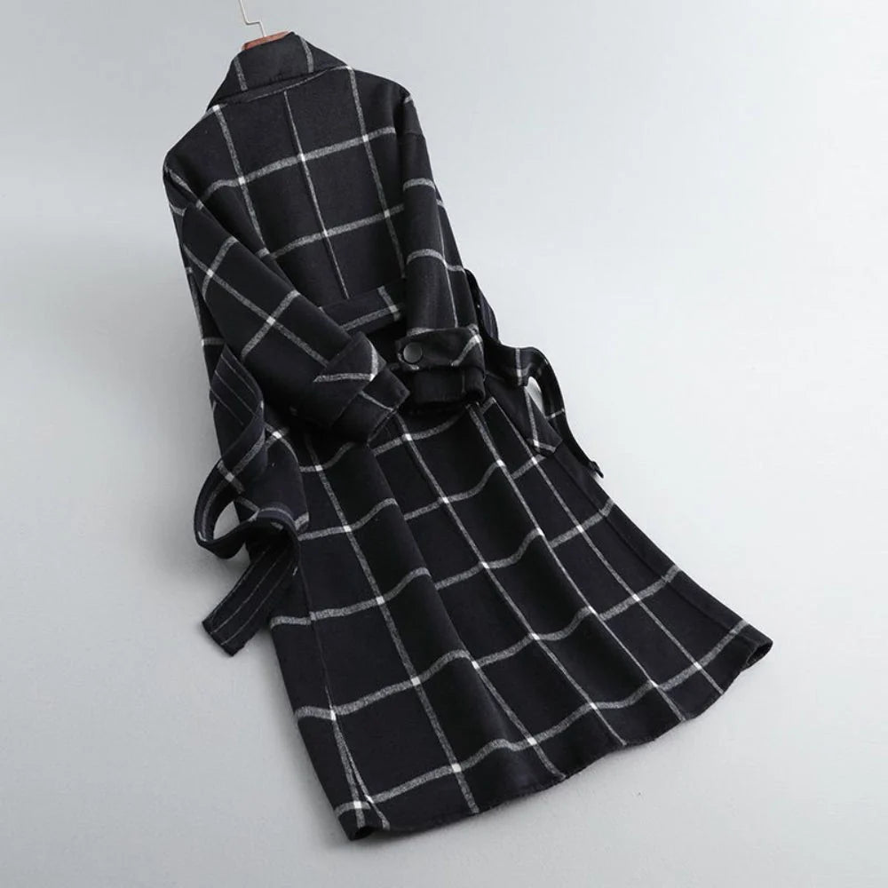 Women's Long Coat Plaid Lapel Collar & Button Front