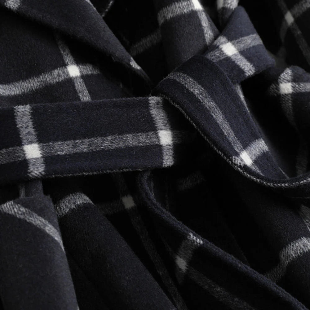 Women's Long Coat Plaid Lapel Collar & Button Front