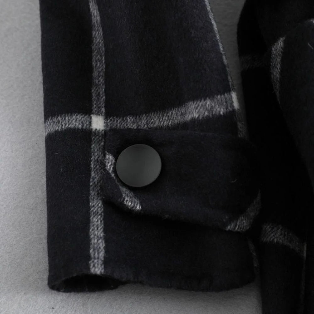Women's Long Coat Plaid Lapel Collar & Button Front