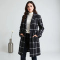 Women's Long Coat Plaid Lapel Collar & Button Front