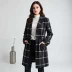 Women's Long Coat Plaid Lapel Collar & Button Front