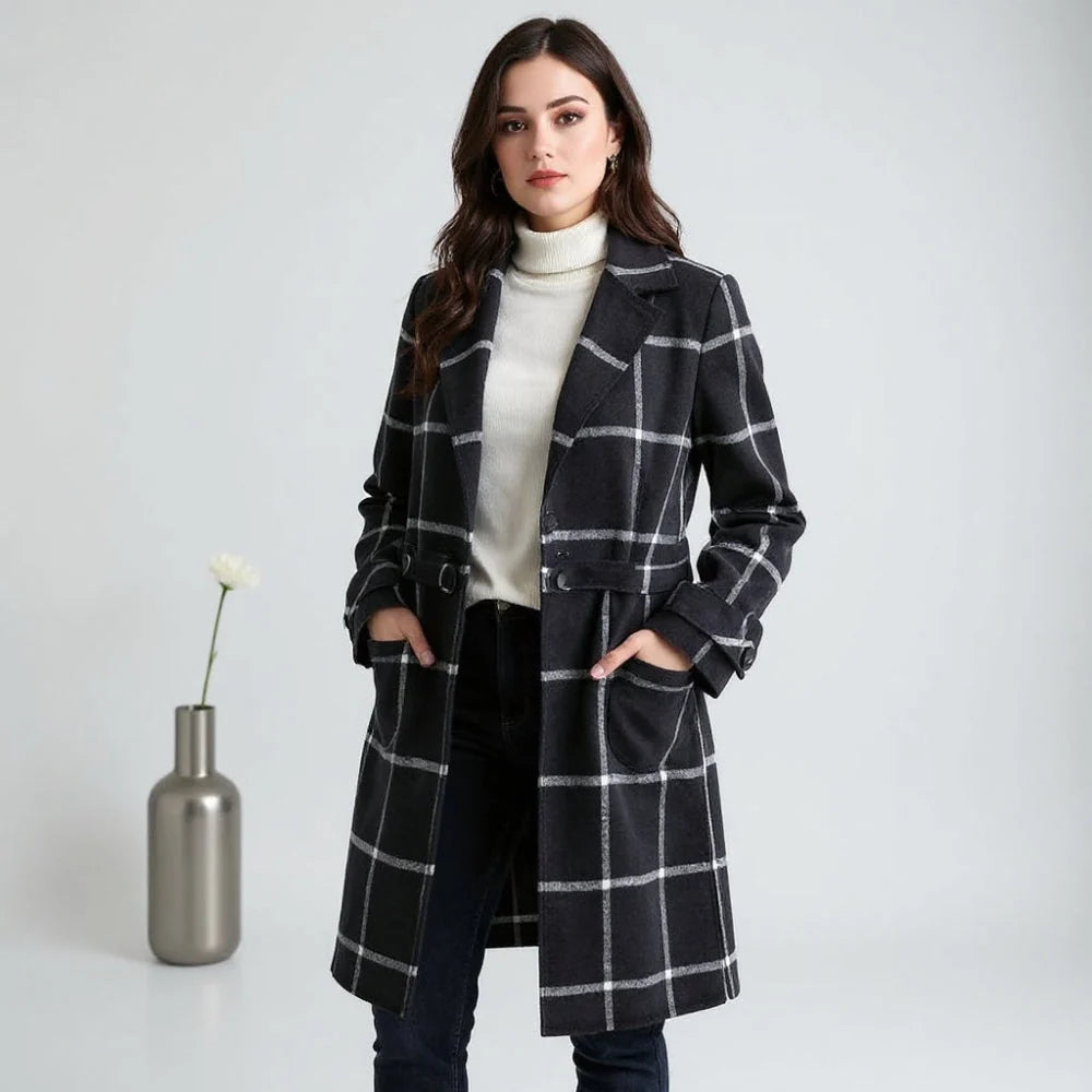 Women's Long Coat Plaid Lapel Collar & Button Front