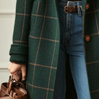 Women's Long Coat Plaid Lapel Collar & Button Front