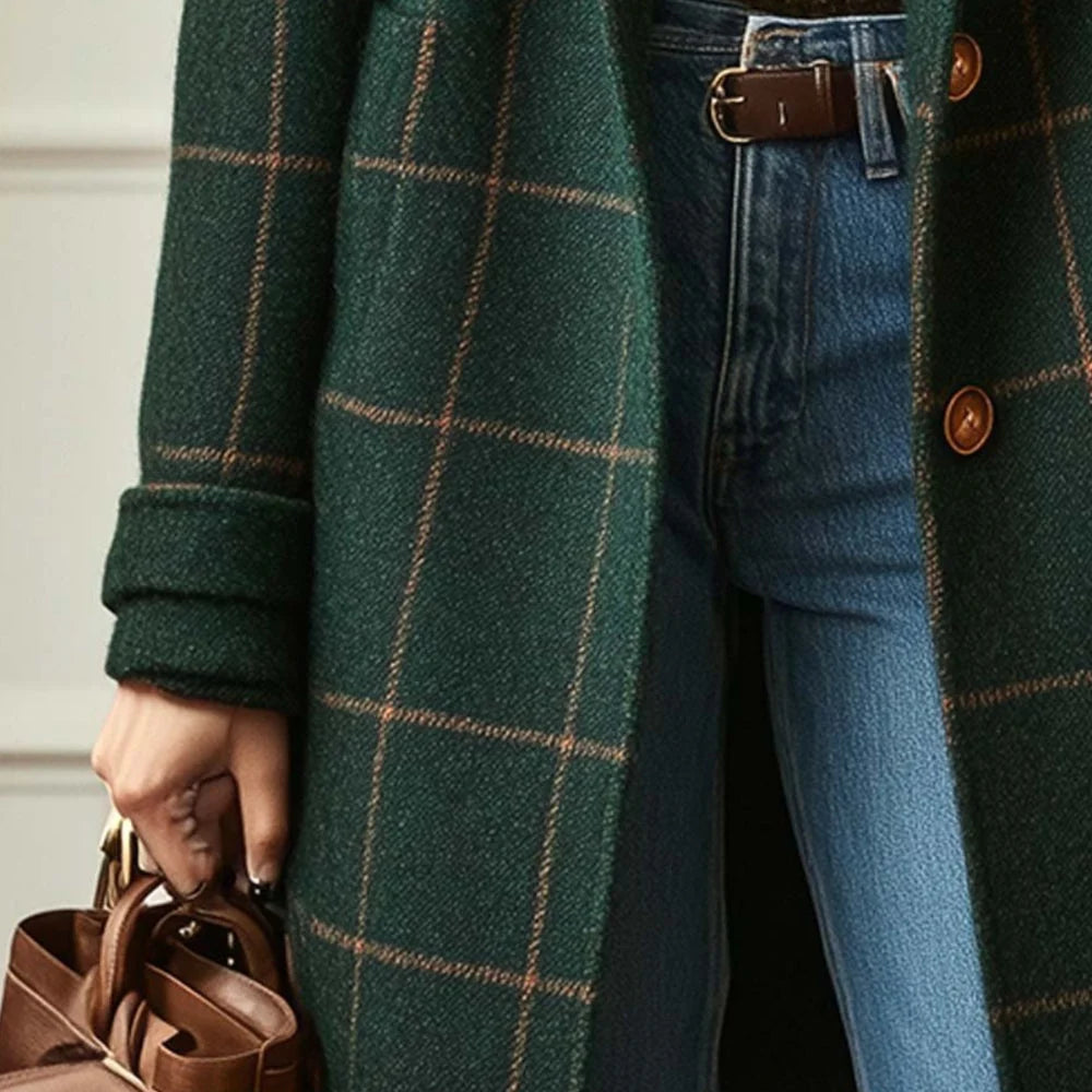 Women's Long Coat Plaid Lapel Collar & Button Front