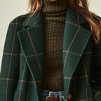 Women's Long Coat Plaid Lapel Collar & Button Front