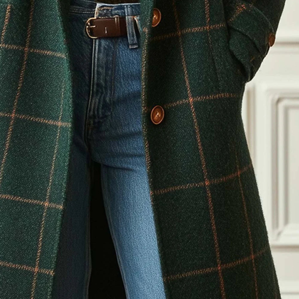 Women's Long Coat Plaid Lapel Collar & Button Front