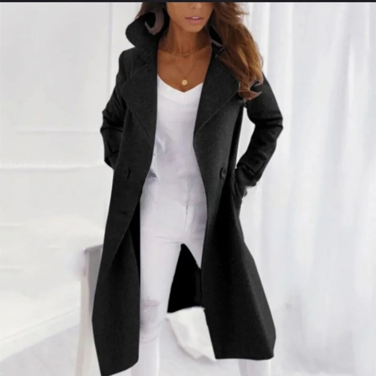 Women's Long Coat Turned-Down Collar Single-Breasted Casual & Formal
