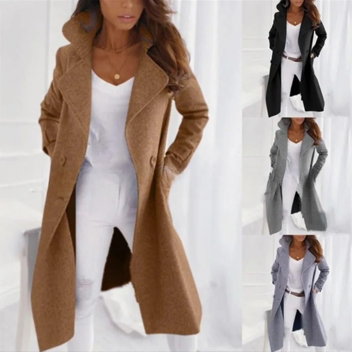 Women's Long Coat Turned-Down Collar Single-Breasted Casual & Formal