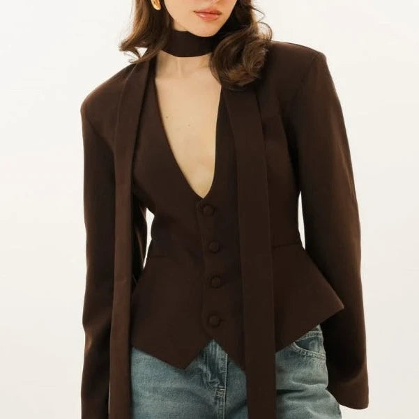 Women's Long-Sleeve Blazer Tailored Fit & Attached Scarf