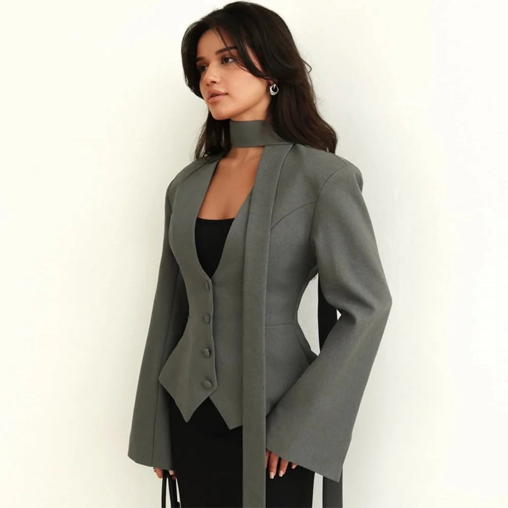 Women's Long-Sleeve Blazer Tailored Fit & Attached Scarf