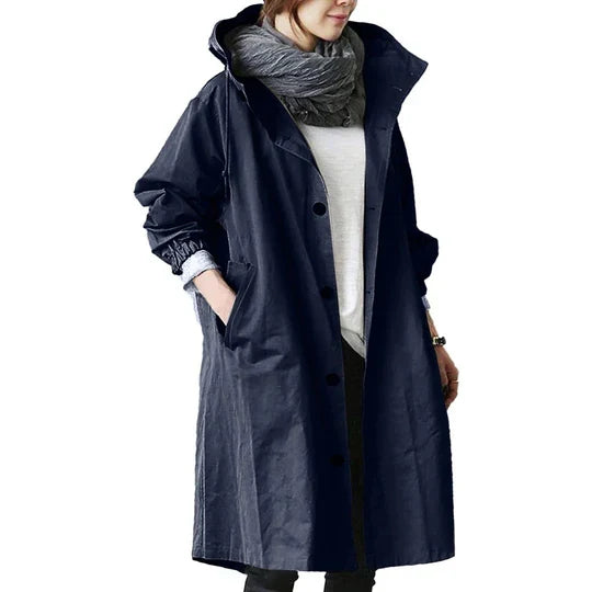 Women's Raincoat Long Waterproof Hood & Pockets