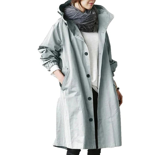 Women's Raincoat Long Waterproof Hood & Pockets