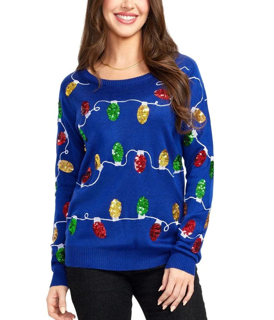 Women's Sweater Acrylic Knit Holiday Lights & Trees
