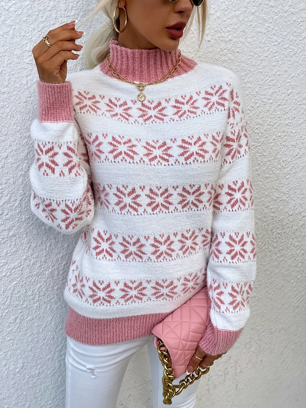 Women's Sweater Holly Pattern Mock Neck Soft Knit