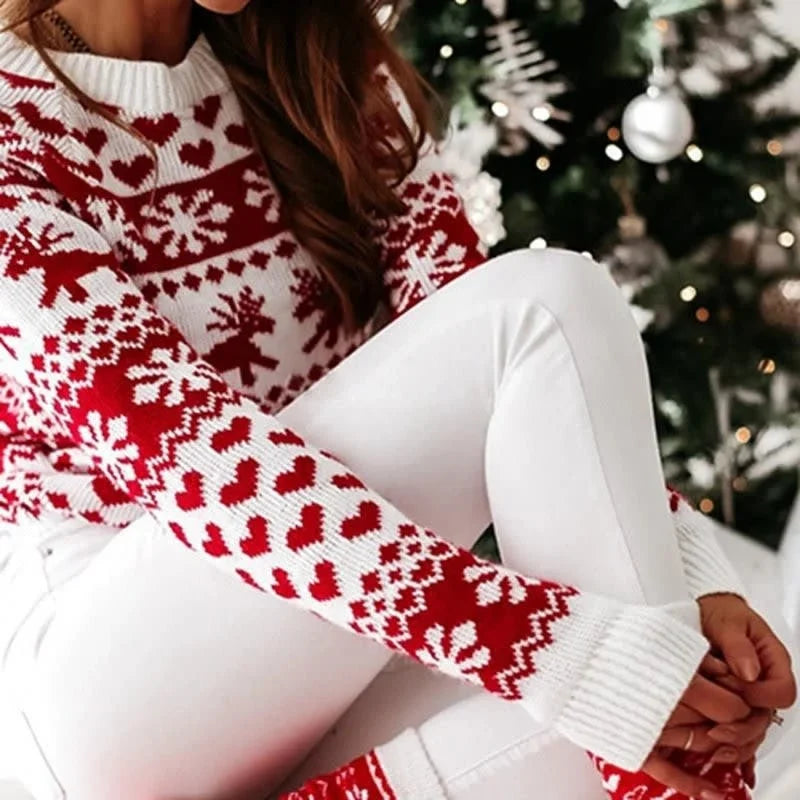 Women's Sweater Reindeer & Snowflake Crew Neck Relaxed Fit
