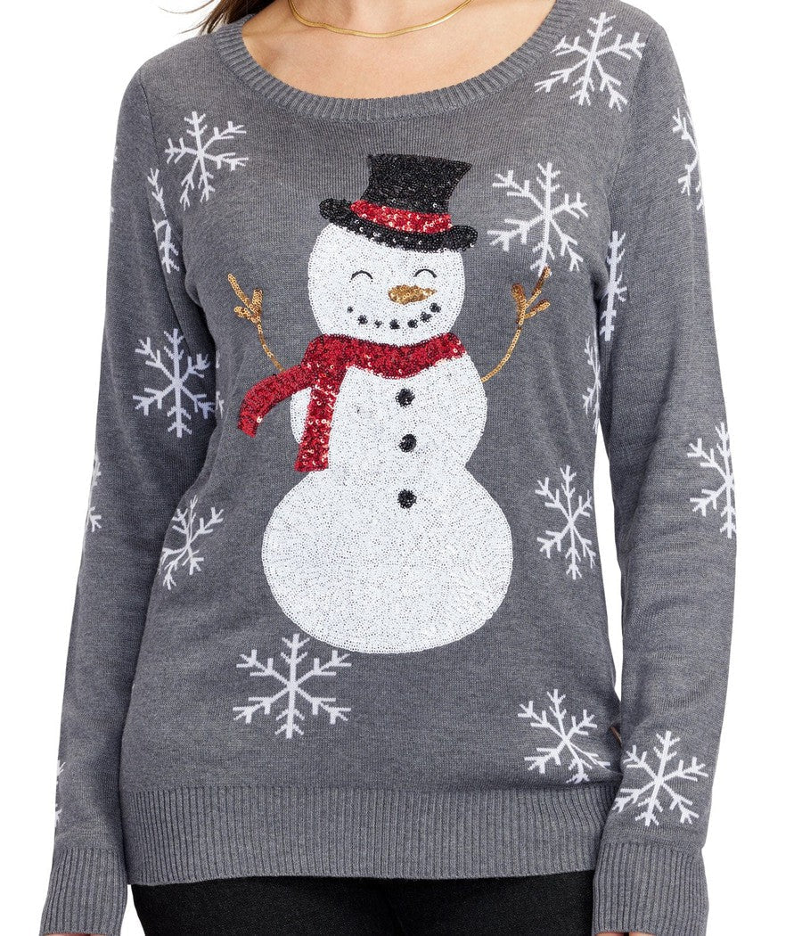 Women's Sweater Sequined Snowman & Snowflake Sleeves