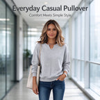 Women's Sweatshirt Lightweight Knit Notched V-Neck Ribbed Cuffs
