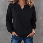 Women's Sweatshirt Lightweight Knit Notched V-Neck Ribbed Cuffs