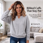 Women's Sweatshirt Lightweight Knit Notched V-Neck Ribbed Cuffs