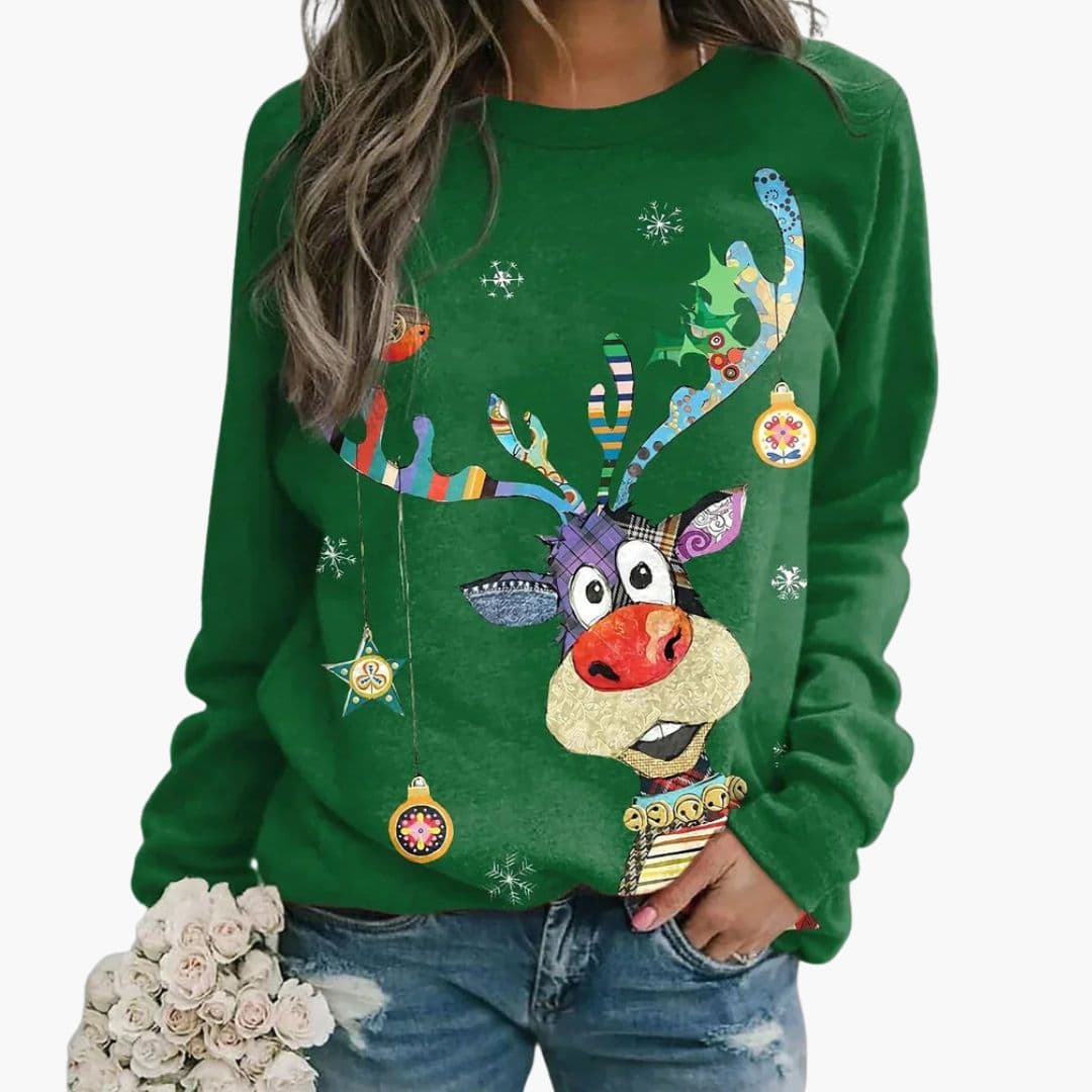 Women's Sweatshirt Reindeer Print Crew Neck & Relaxed Fit
