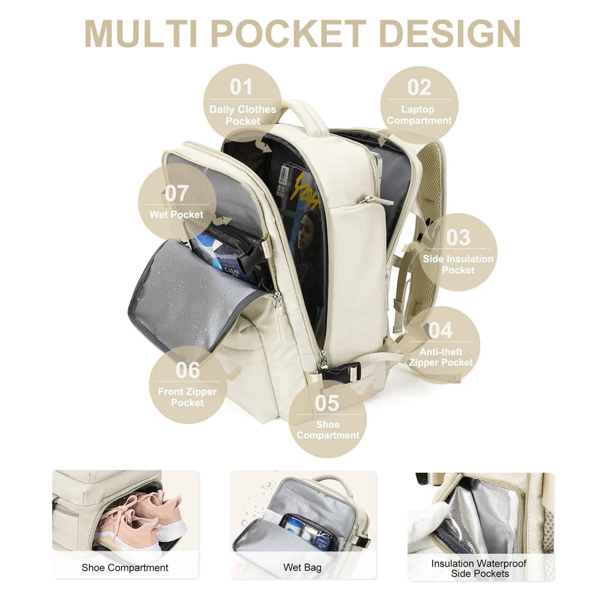 Women's Travel Backpack 35L Water-Repellent USB Charging Port Anti-Theft
